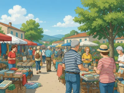Des chineurs flânent entre les stands d'une brocante 17 par une belle journée ensoleillée