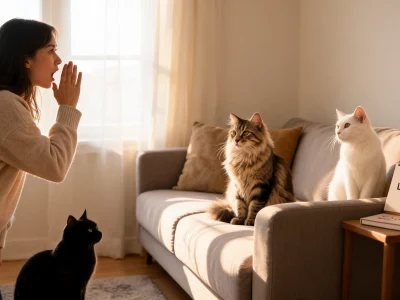 Une femme appelle ses chats dans un salon ensoleillé pour trouver un prénom pour un chat