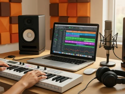 Une configuration de musique assistée par ordinateur incluant clavier MIDI, ordinateur portable, enceintes et micro