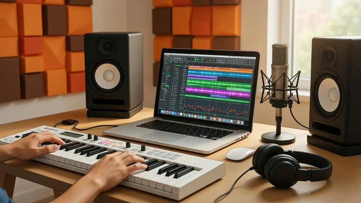 Une configuration de musique assistée par ordinateur incluant clavier MIDI, ordinateur portable, enceintes et micro