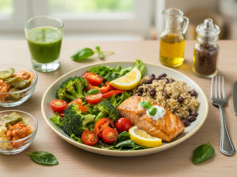 Assiette de saumon quinoa et légumes illustrant un repas pour maigrir du ventre