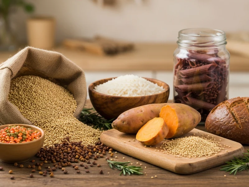 Un assortiment de féculents sans gluten en vrac bols et tubercules sur table bois