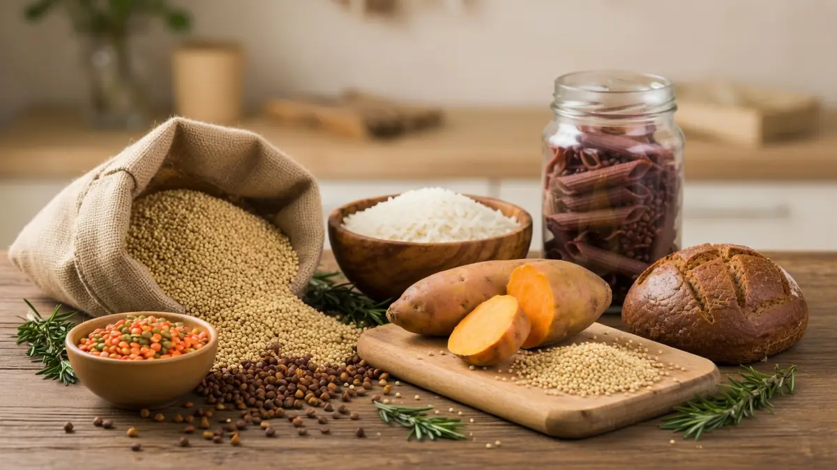 Un assortiment de féculents sans gluten en vrac bols et tubercules sur table bois
