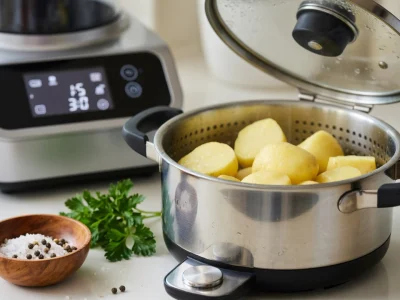 Une cocotte ouverte remplie de pommes de terre pour cuire pommes de terre vapeur