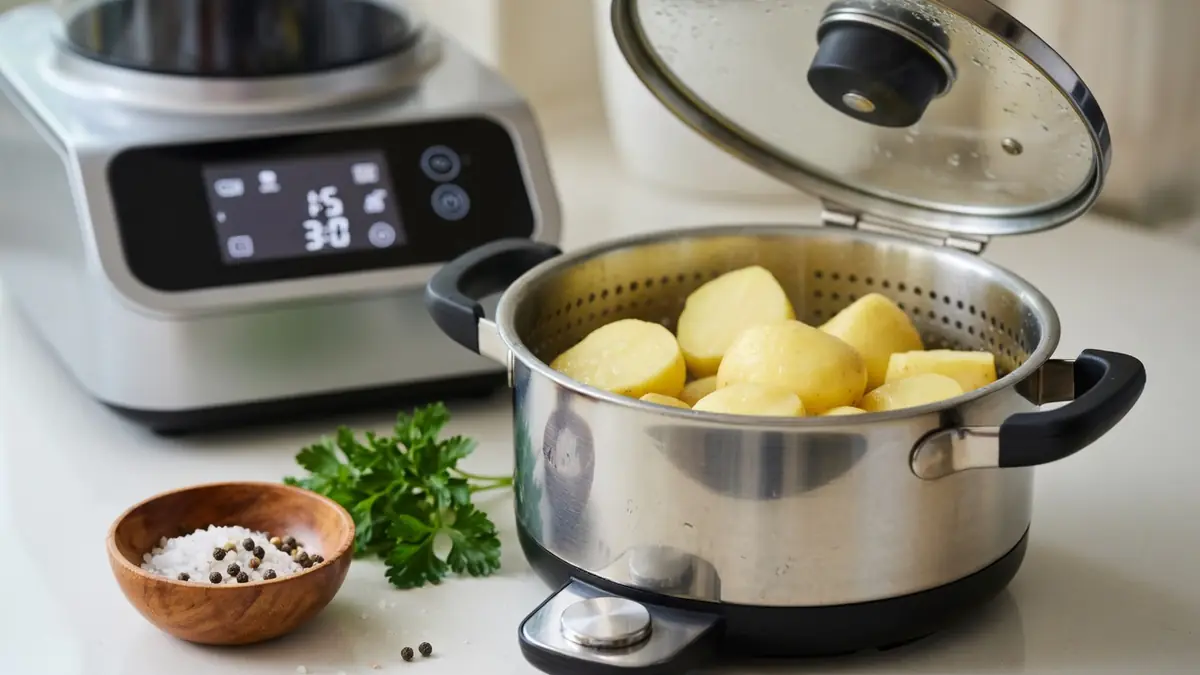 Une cocotte ouverte remplie de pommes de terre pour cuire pommes de terre vapeur