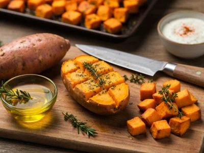 Préparation d'ingrédients frais pour cuisiner la patate douce sur une planche en bois avec un couteau