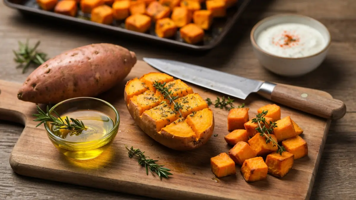 Préparation d'ingrédients frais pour cuisiner la patate douce sur une planche en bois avec un couteau