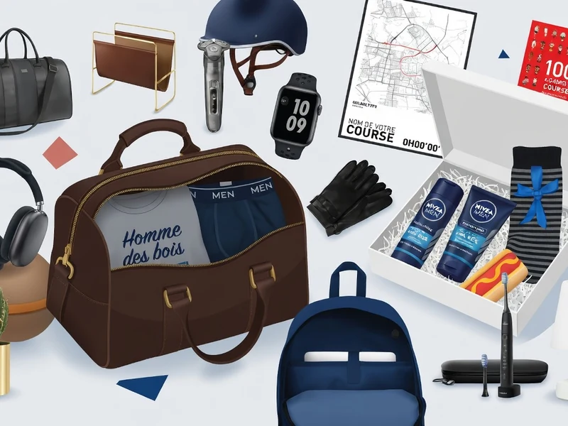 Objets variés tels que sacs, casques et accessoires de toilette symbolisent le cadeau pour anniversaire pour homme