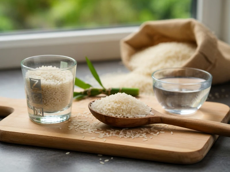 Riz et eau disposés sur une planche à découper pour illustrer la quantité de riz pour une personne