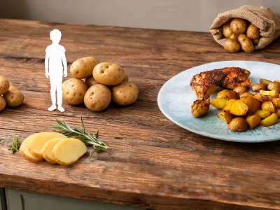 Une table en bois avec silhouettes et pommes de terre illustre combien de pomme de terre par personne