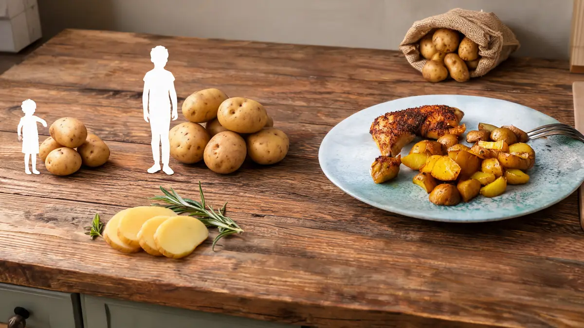 Une table en bois avec silhouettes et pommes de terre illustre combien de pomme de terre par personne