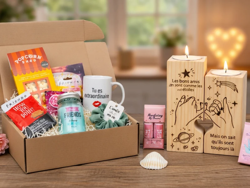 Une boîte ouverte débordante de cadeaux divers avec bougies allumées illustre une idée cadeau amie