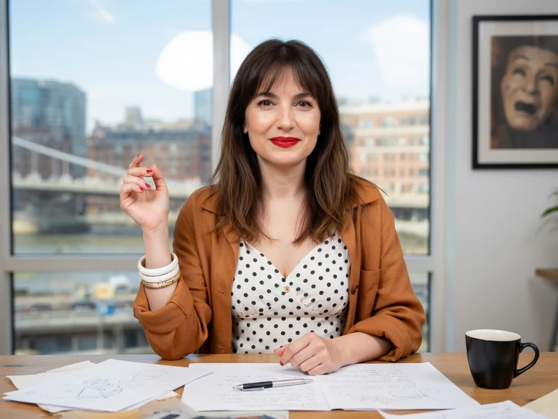 Julie Bargeton sourit à son bureau en tenant un marqueur rouge au-dessus de croquis.