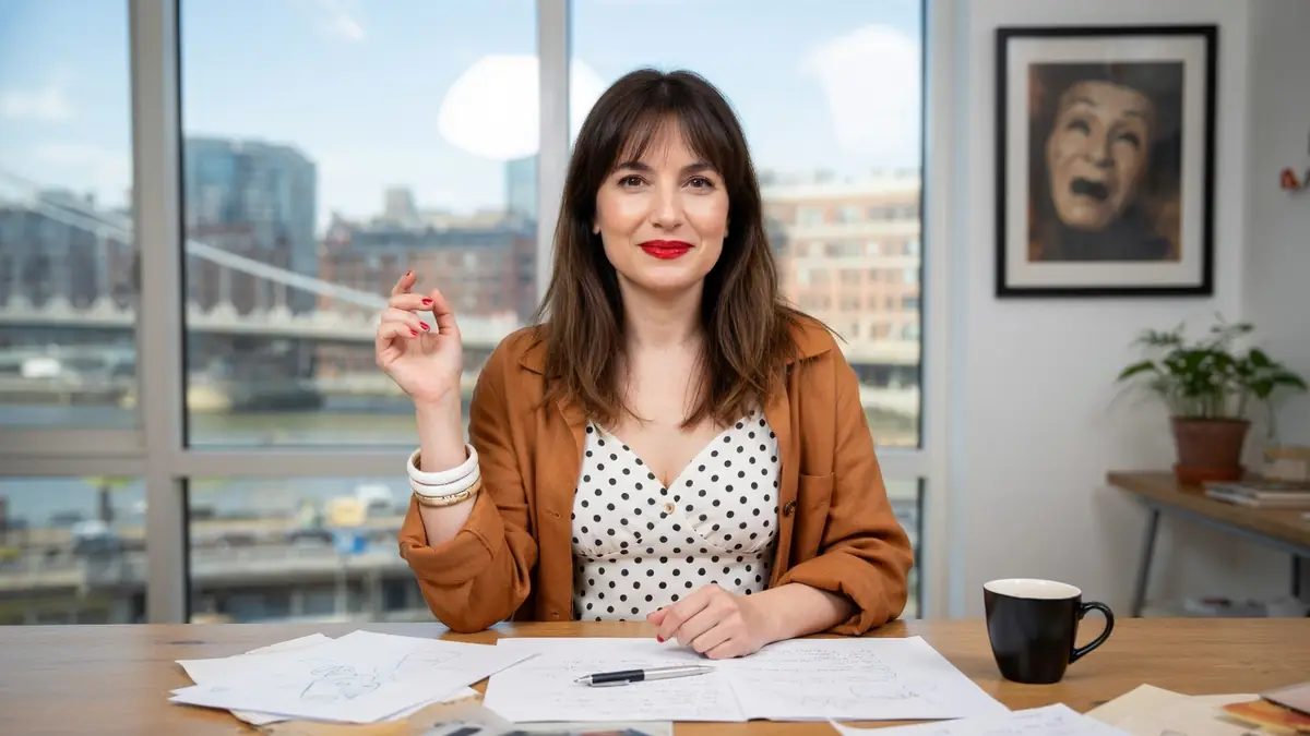 Julie Bargeton sourit à son bureau en tenant un marqueur rouge au-dessus de croquis.