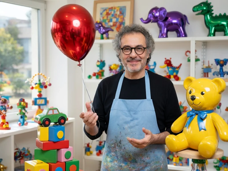 Philippe Berry se tient dans son atelier avec un ballon rouge entouré de sculptures colorées