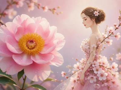 Scène féerique d'une femme et d'une fleur rose illustrant joyeux anniversaire femme
