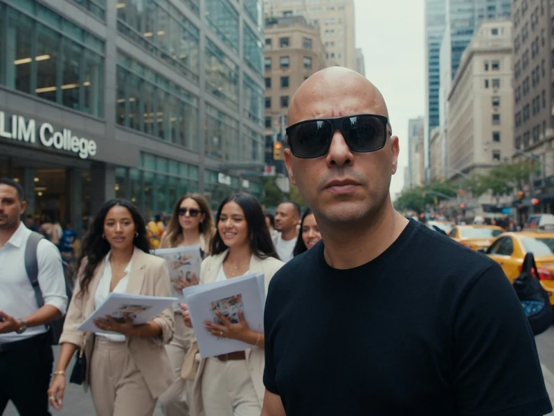 Sur une rue de New York Lim avance au premier plan suivi d'un groupe de professionnels