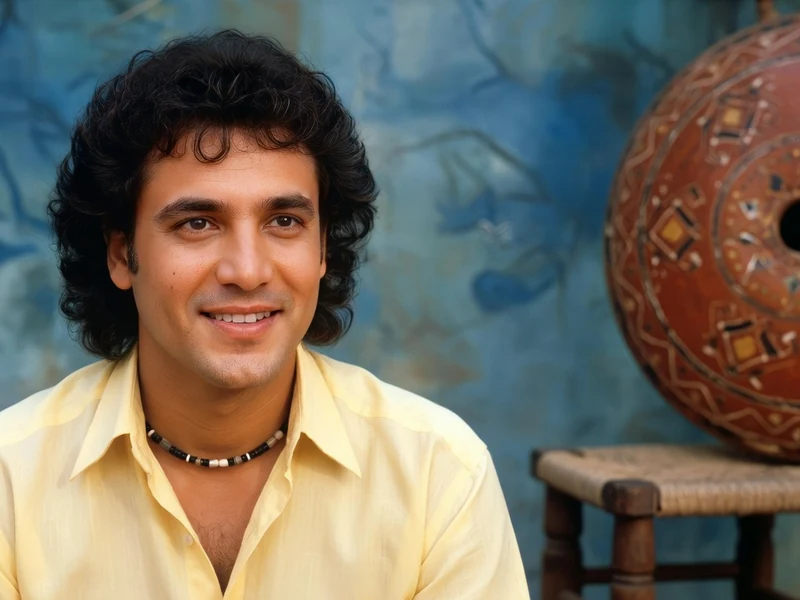 Hamidouche apparaît souriant en chemise jaune devant un tambour orné