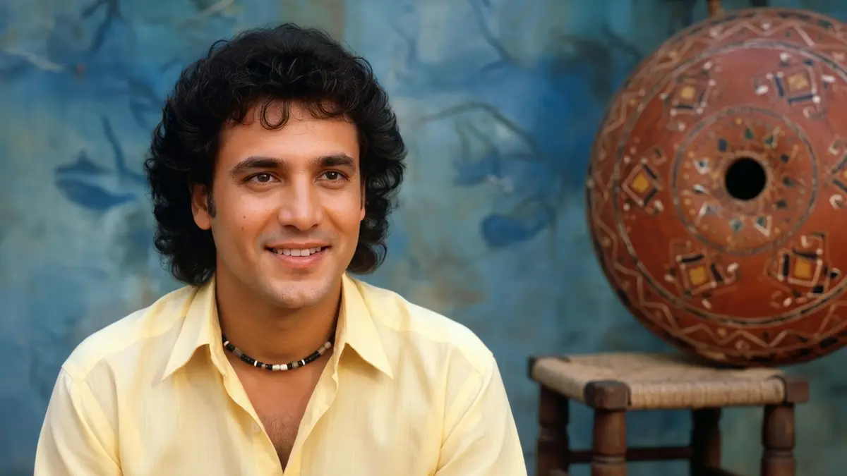 Hamidouche apparaît souriant en chemise jaune devant un tambour orné