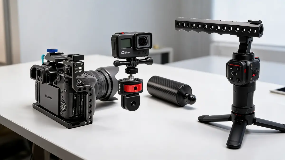 Des accessoires vidéo professionnels sont posés sur une table bgning