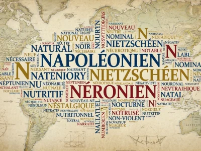 Carte ancienne du monde ornée d'un nuage sur adjectif commençant par n