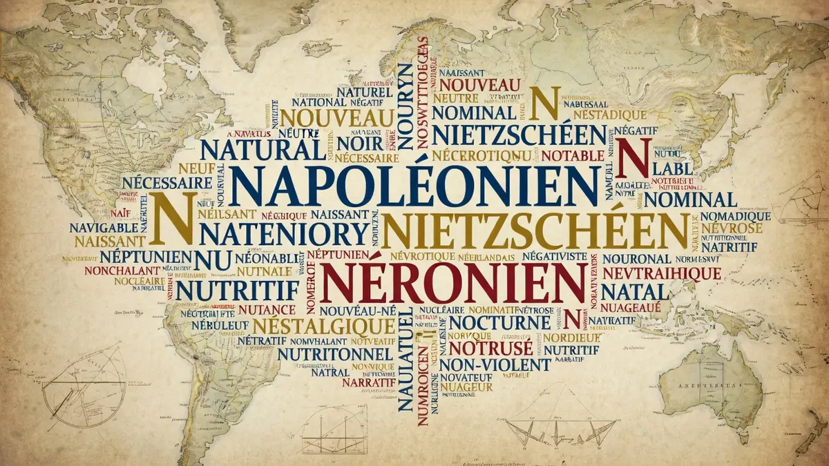 Carte ancienne du monde ornée d'un nuage sur adjectif commençant par n
