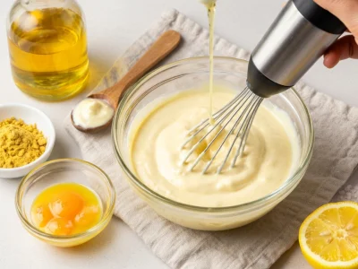 Une main mixe la recette pour mayonnaise maison avec un mixeur et ingrédients frais autour