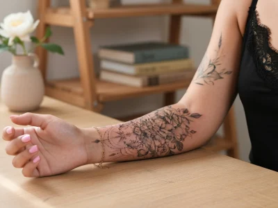 Le bras d'une femme avec des tatouages avant-bras femme floraux repose sur une table en bois