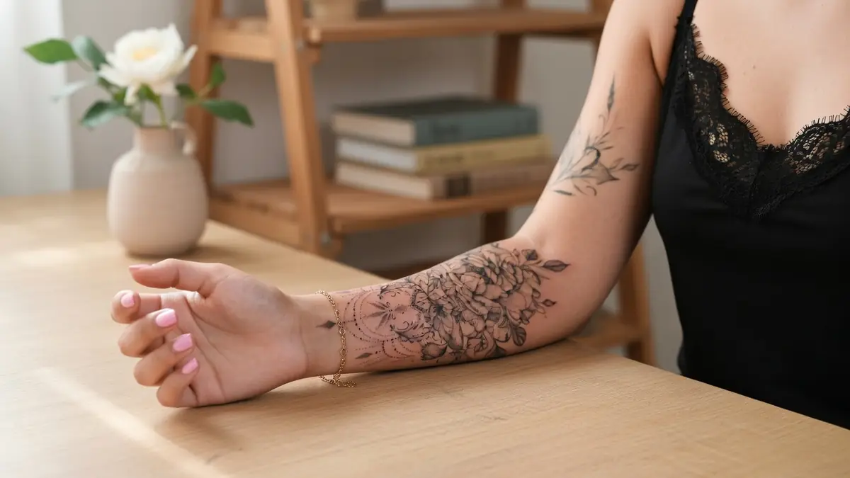 Le bras d'une femme avec des tatouages avant-bras femme floraux repose sur une table en bois