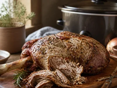 Une appétissante épaule d'agneau cuisson lente, tendre et effilochée, présentée sur une planche en bois rustique