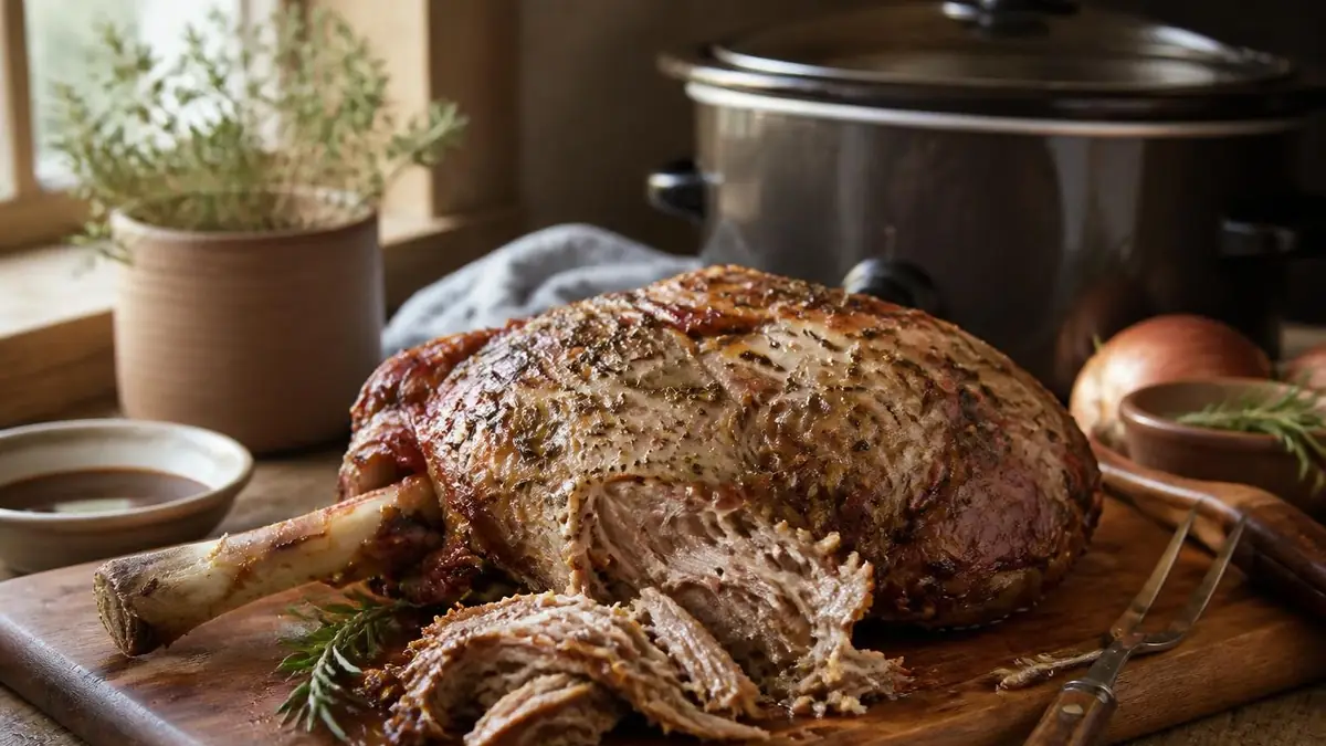 Une appétissante épaule d'agneau cuisson lente, tendre et effilochée, présentée sur une planche en bois rustique