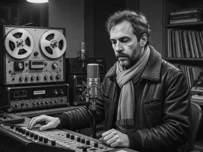 Sébastien Hoog manipule les commandes d'une console dans un studio d'enregistrement vintage