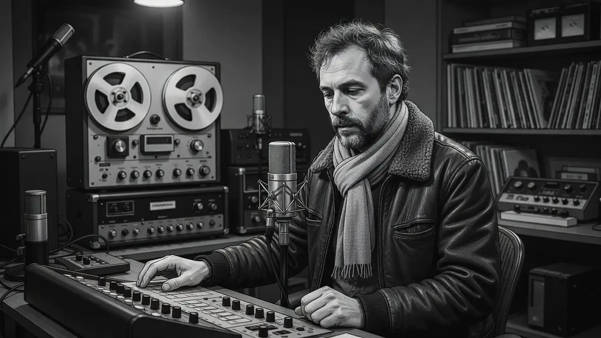Sébastien Hoog manipule les commandes d'une console dans un studio d'enregistrement vintage