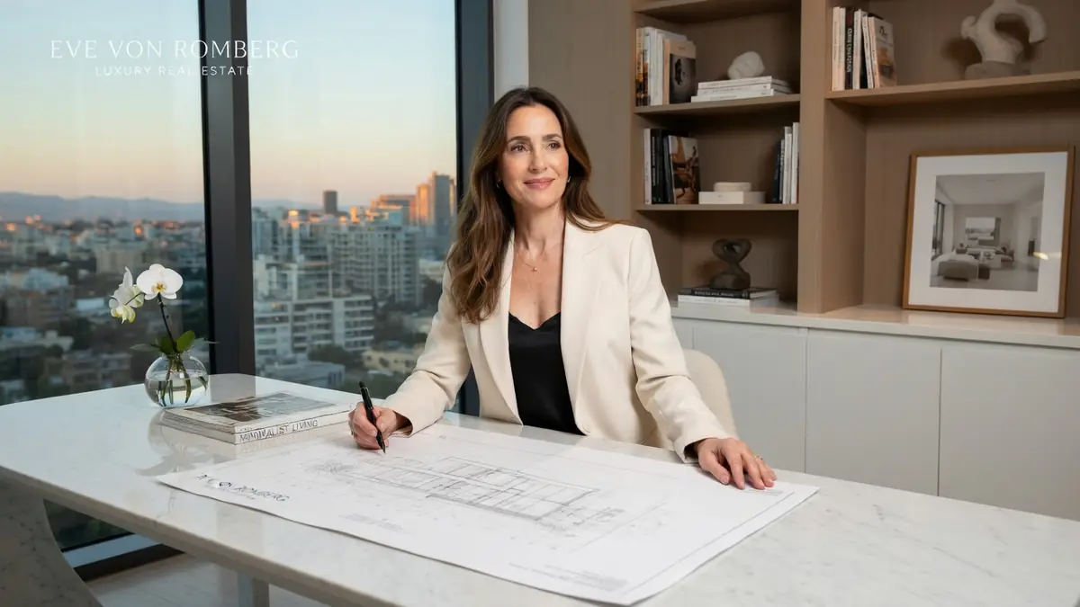 Eve von Romberg est assise devant des plans d'architecture dans un bureau lumineux donnant sur la ville