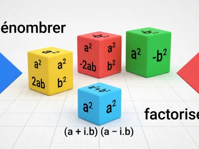 Des cubes colorés disposés sur un quadrillage pour illustrer le fonctionnement d'une identité remarquable