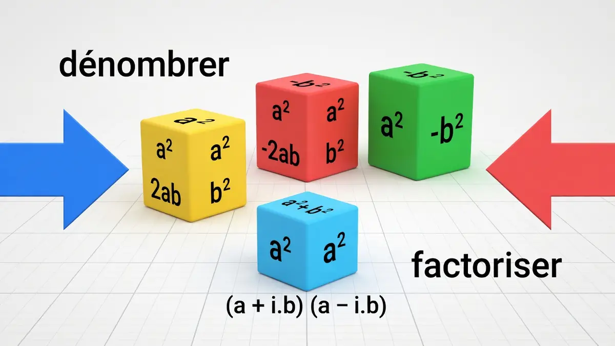 Des cubes colorés disposés sur un quadrillage pour illustrer le fonctionnement d'une identité remarquable