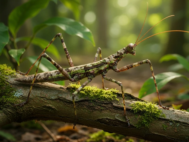 Des phasmes se camouflent sur une branche moussue en forêt