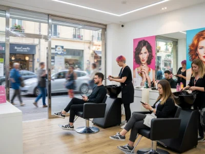 Vue intérieure d'un salon avec une coiffeuse sans rendez-vous et plusieurs clients