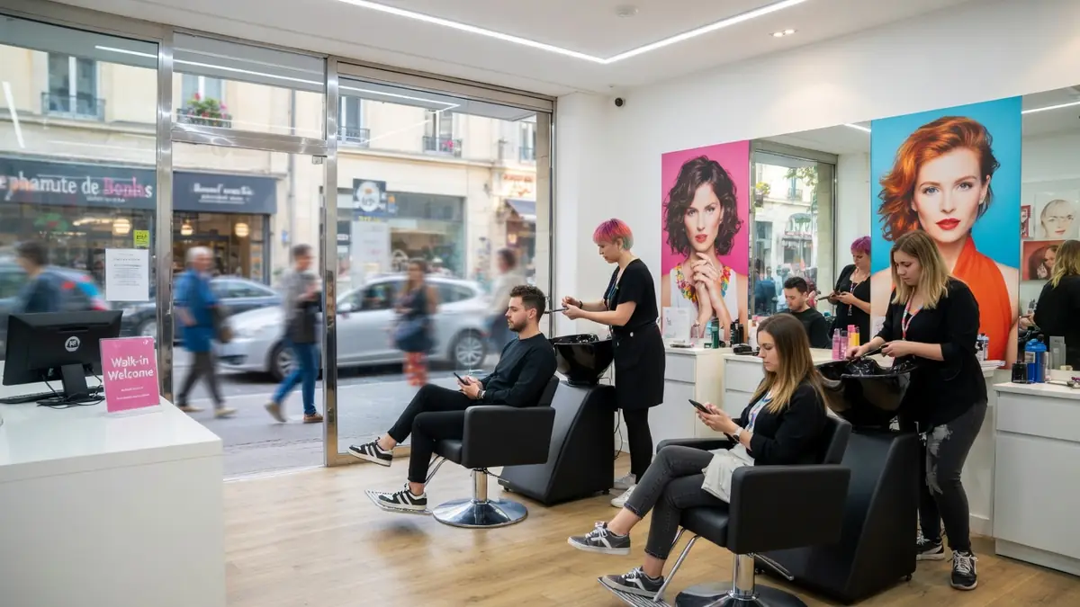 Vue intérieure d'un salon avec une coiffeuse sans rendez-vous et plusieurs clients