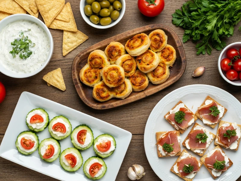 Assortiment d'amuse-bouches variés pour une recette rapide pour apéro sur table en bois