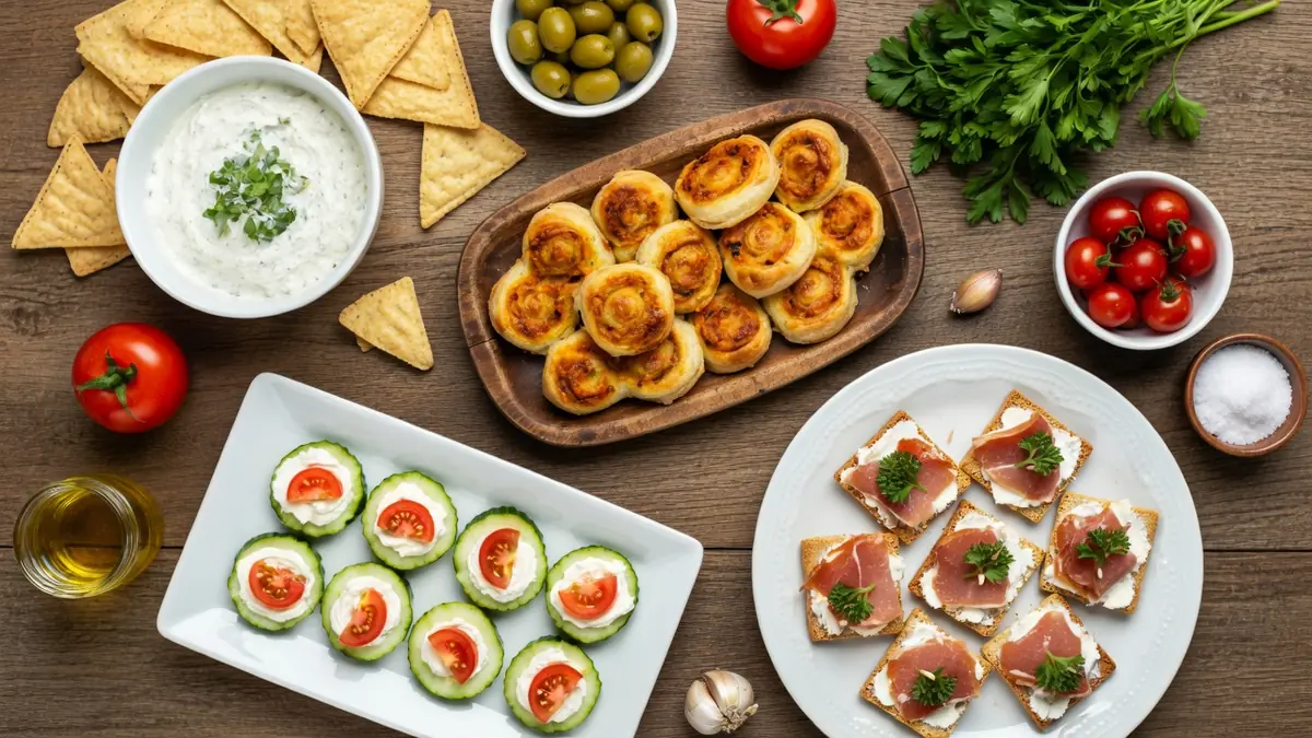 Assortiment d'amuse-bouches variés pour une recette rapide pour apéro sur table en bois