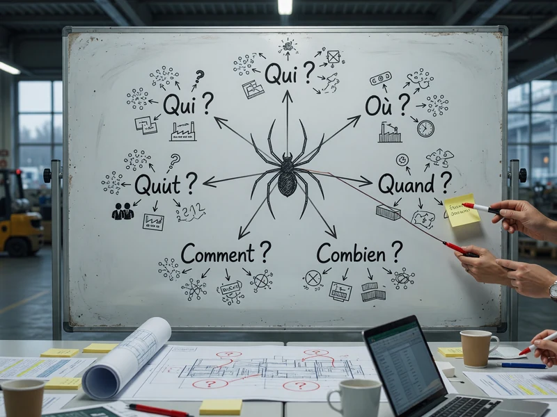 Une équipe examine un tableau blanc à araignée centrale avec qqoqccp dans un entrepôt .