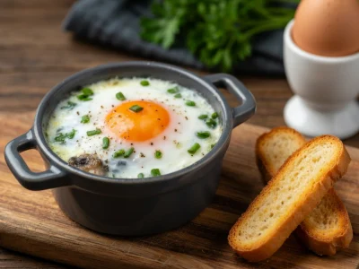 Un délicieux oeuf cocotte servi dans une petite terrine avec des mouillettes de pain grillé