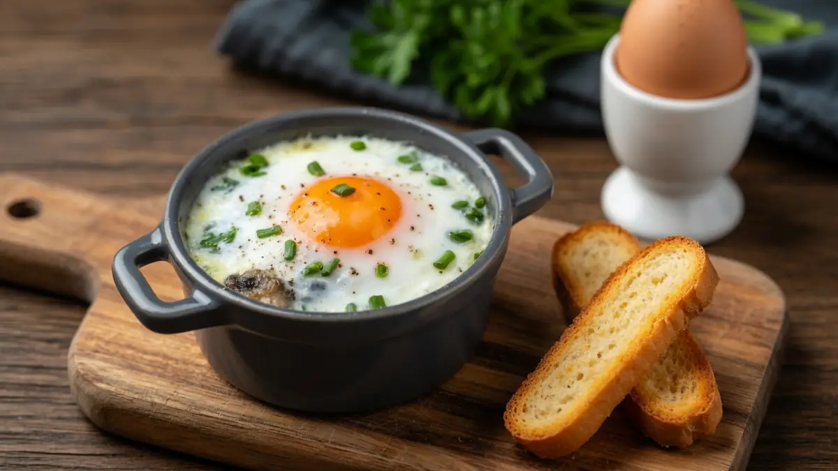 Un délicieux oeuf cocotte servi dans une petite terrine avec des mouillettes de pain grillé