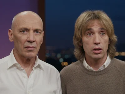 Patrick Laurent et un homme aux cheveux mi-longs regardent vers l'objectif