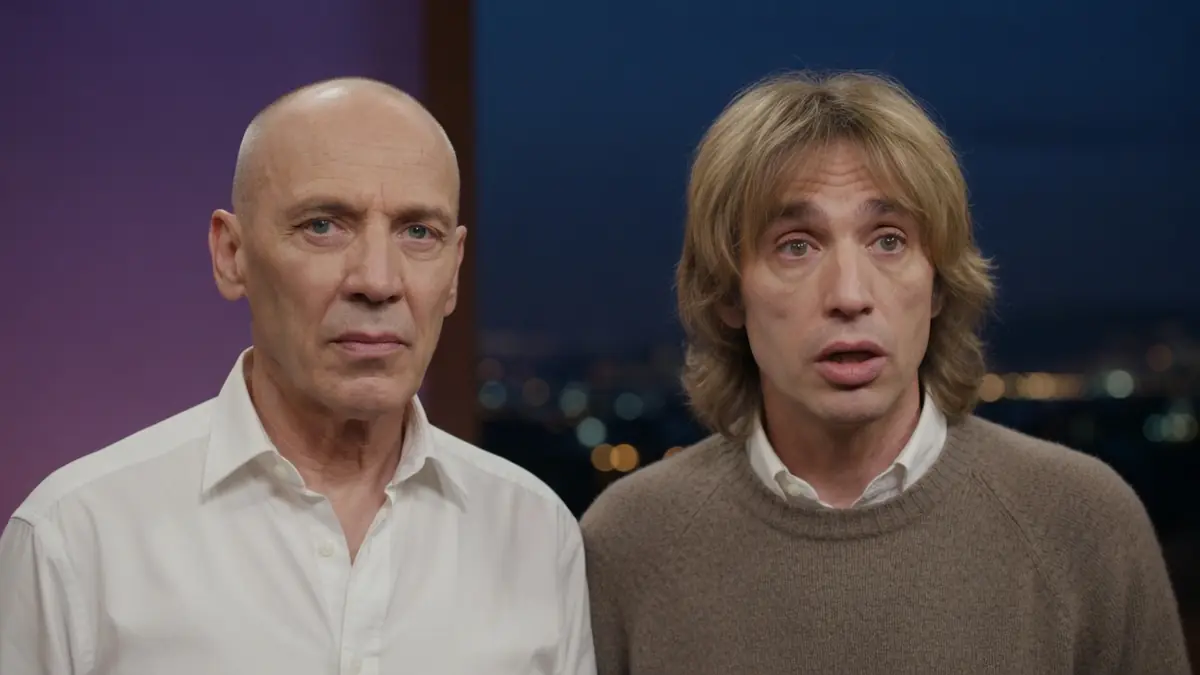 Patrick Laurent et un homme aux cheveux mi-longs regardent vers l'objectif