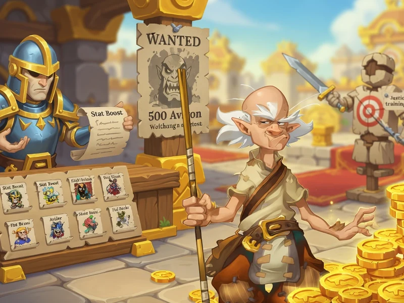 Un elfe utilise aviton Dofus pnj près de piles de pièces d'or et de cartes dans un univers de jeu