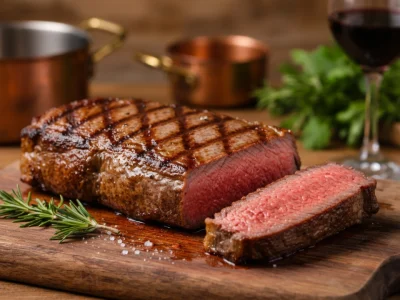 Une belle pièce de bavette d'aloyau grillée et tranchée sur une planche en bois avec du romarin