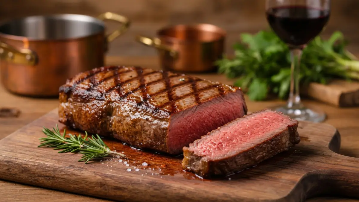 Une belle pièce de bavette d'aloyau grillée et tranchée sur une planche en bois avec du romarin