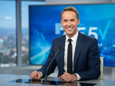 Damien Thévenot sourit assis derrière un bureau dans un studio de télévision